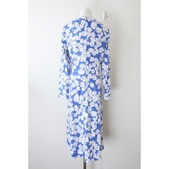 Vintage 1970s Marek New York Midi Dress Blue Floral Print Long Sleeve - Picture 9 of 11